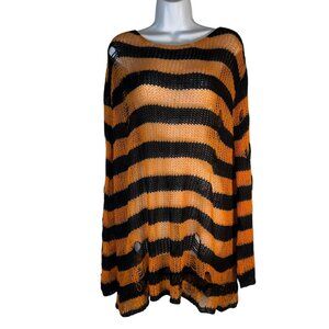 Black & Orange Striped Sweater Distressed Oversized Lightweight Gothic Punk Emo